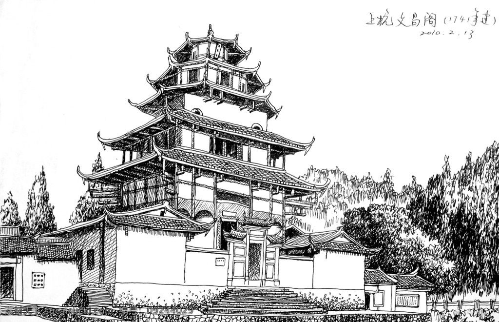 素描 古建筑 古楼台 楼阁 树丛 绘画 文化艺术 绘画书法