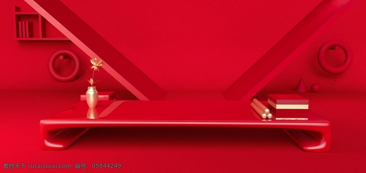 优雅 中国 风 c4d 海报 红 背景 时尚 中国风 年货节 中国红 红色背景 立体展示