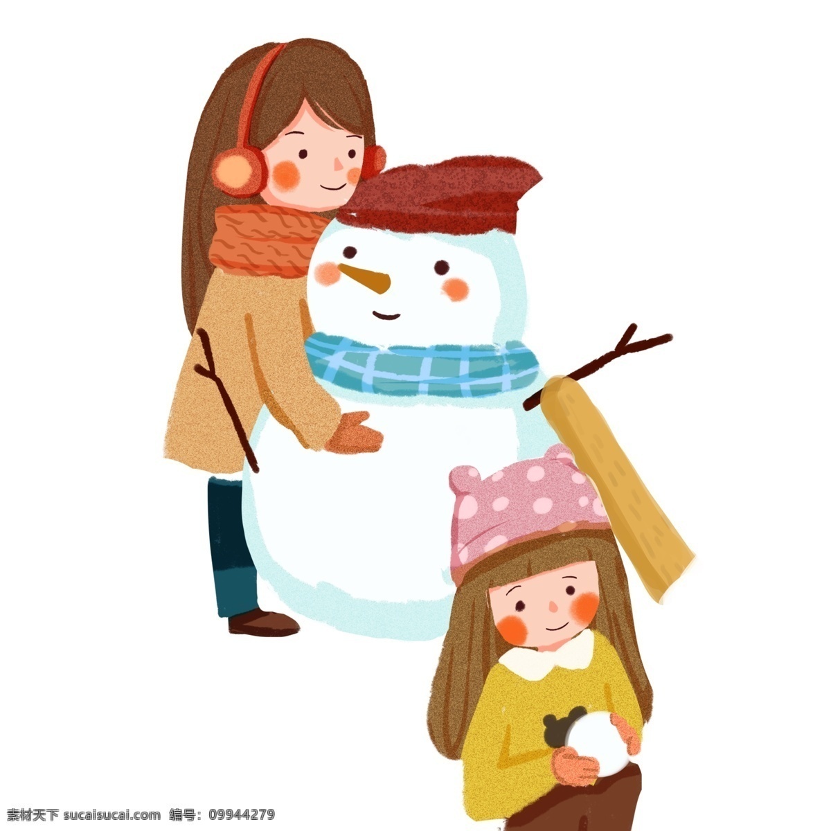 手绘 雪人 捏 雪球 女孩 插画 人物 冬季 清新 彩绘 捏雪球 堆雪人 冬日元素