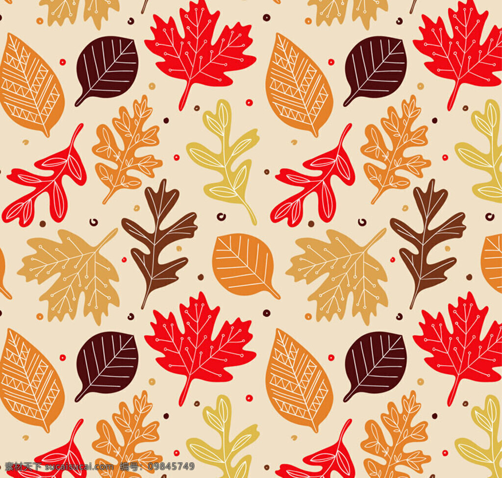 彩色 秋叶 无缝 背景 矢量 海报 连接 树叶 绿色 秋天 夏天 橙色