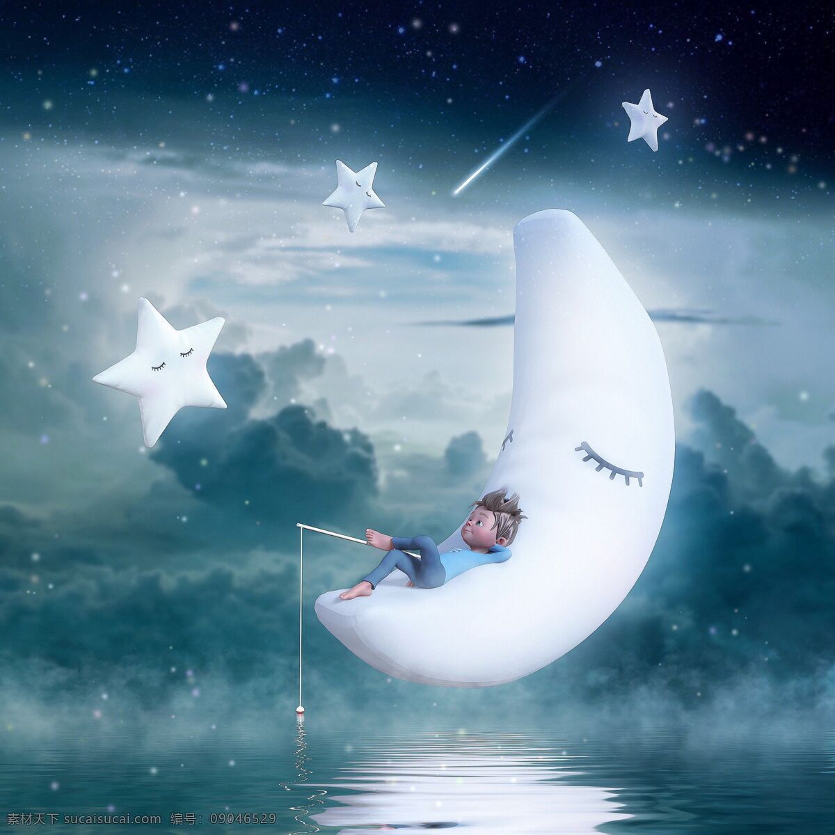月亮 星星 男孩 捕鱼 梦幻 云彩 插画 分享 生活百科 休闲娱乐