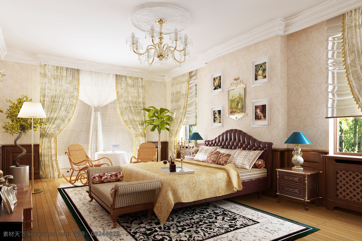 欧式卧室 欧式风格卧室 欧式 简欧风格 床 卧室 室内 方案 吊灯 窗帘 地毯 装饰画 室内设计 环境设计