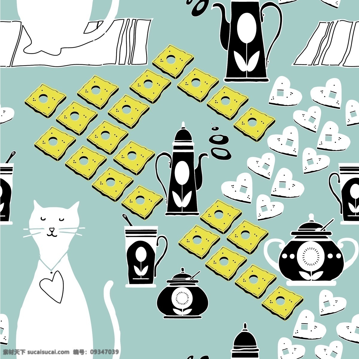 小猫 剪影 西式 茶点 背景 矢量 背景图片素材 茶杯 茶壶 卡通风格 小猫剪影 矢量图 其他矢量图