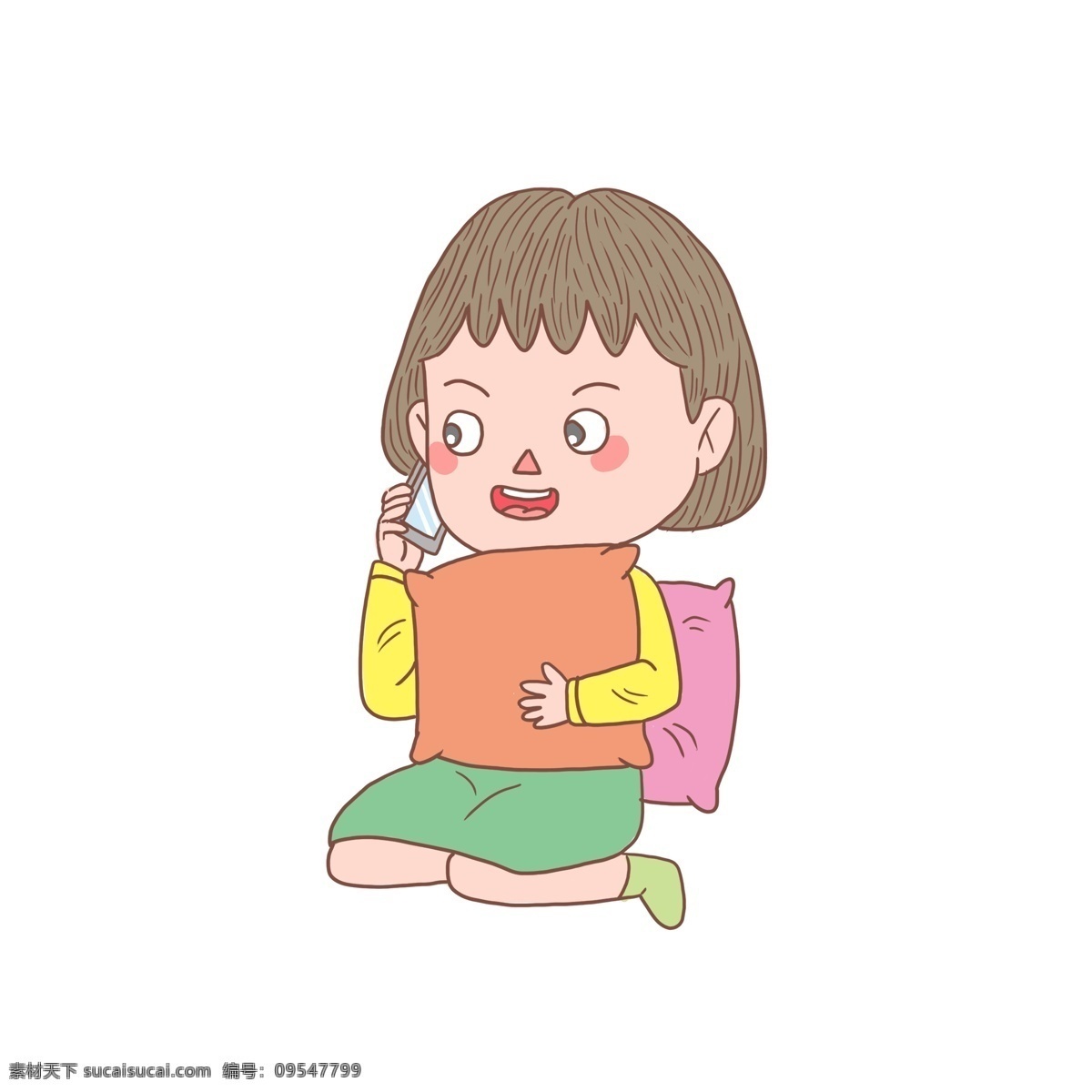 卡通 手绘 人物 接 电话 女孩 接电话女孩 休闲女孩 坐 听 少女
