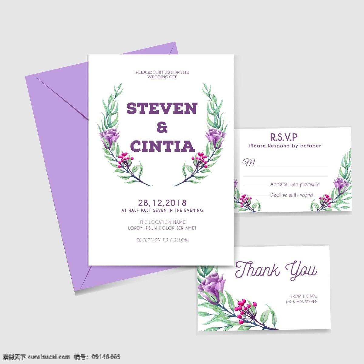 花卉 婚礼 邀请 卡 紫色 请柬 信封 矢量 高清图片