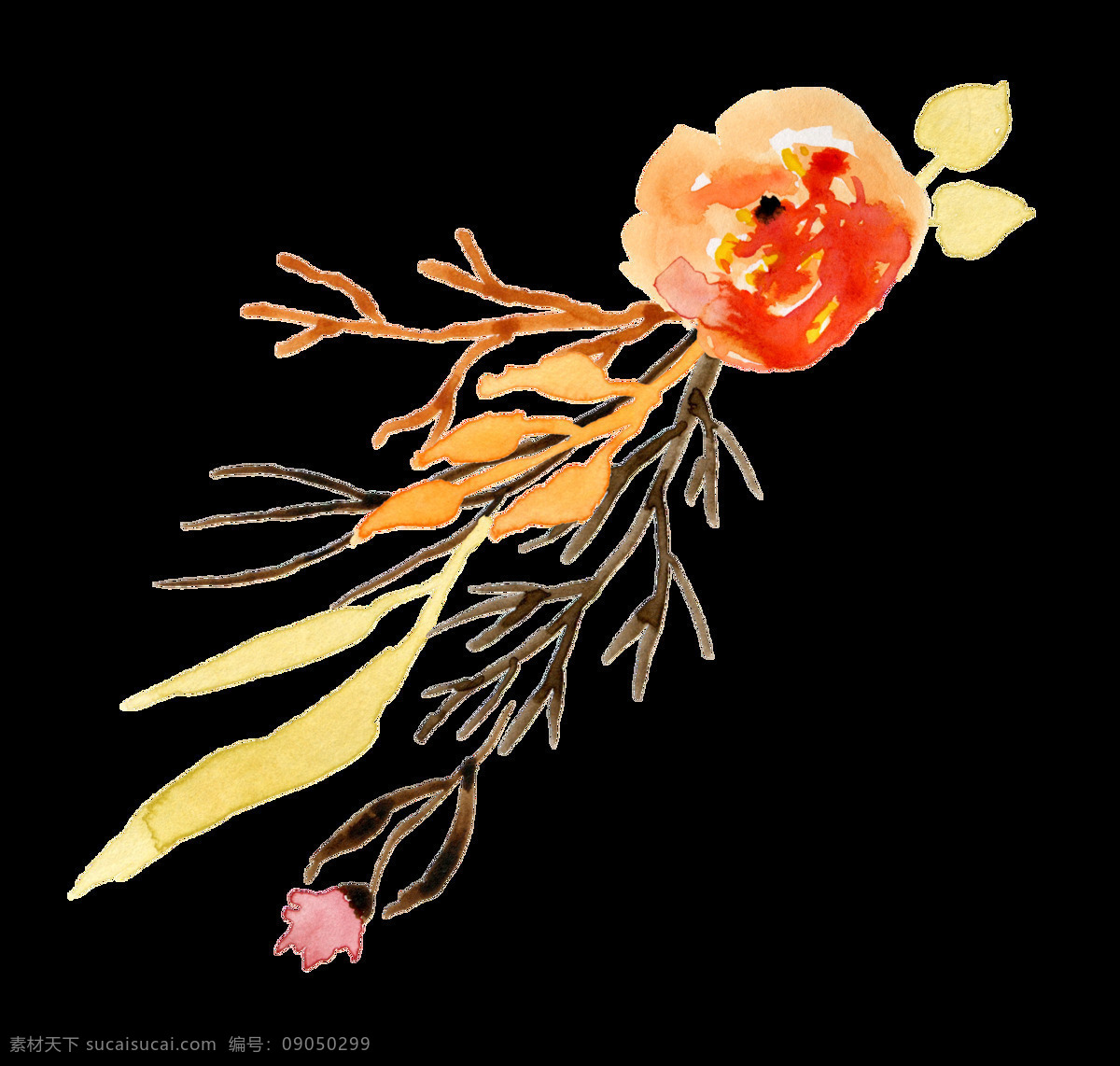 粉黄 桃花 卡通 水彩 透明 花叶 花枝 透明素材 免扣素材 装饰图案
