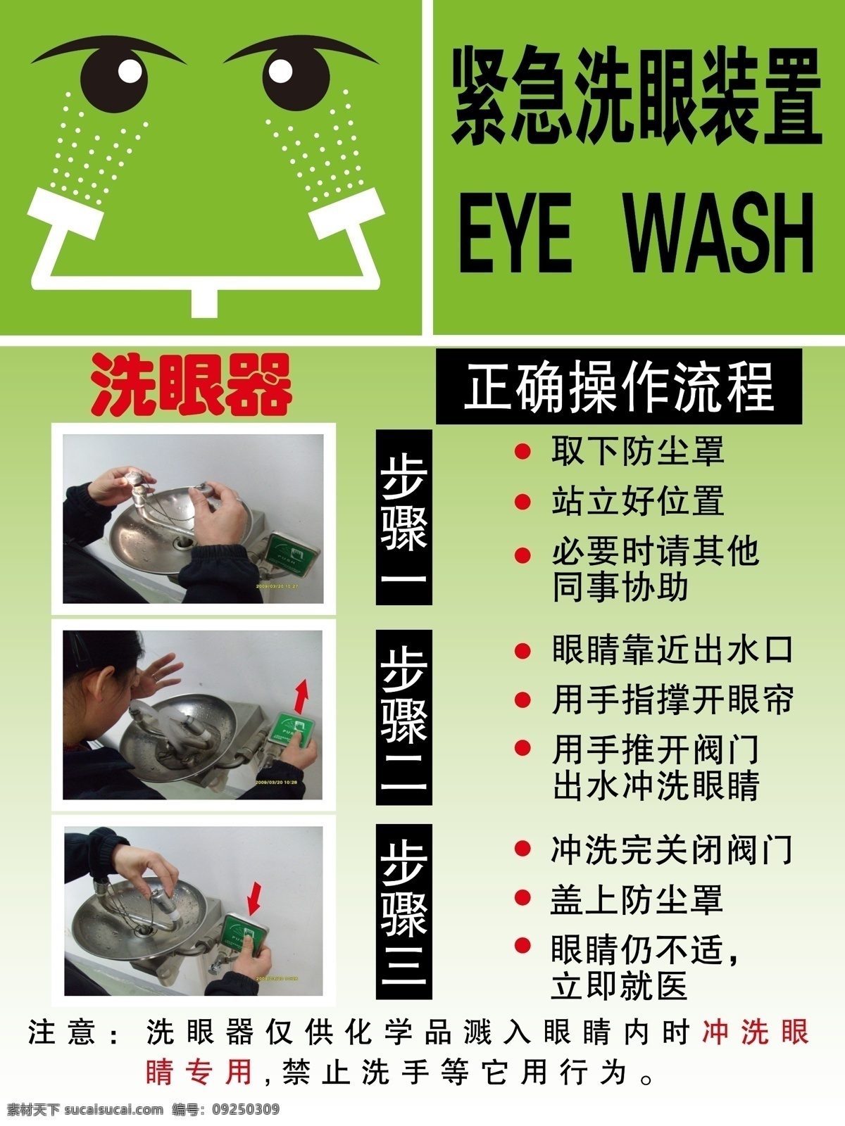 洗眼装置 洗眼睛 警示牌 操作流程 紧急装置 绿色 分层