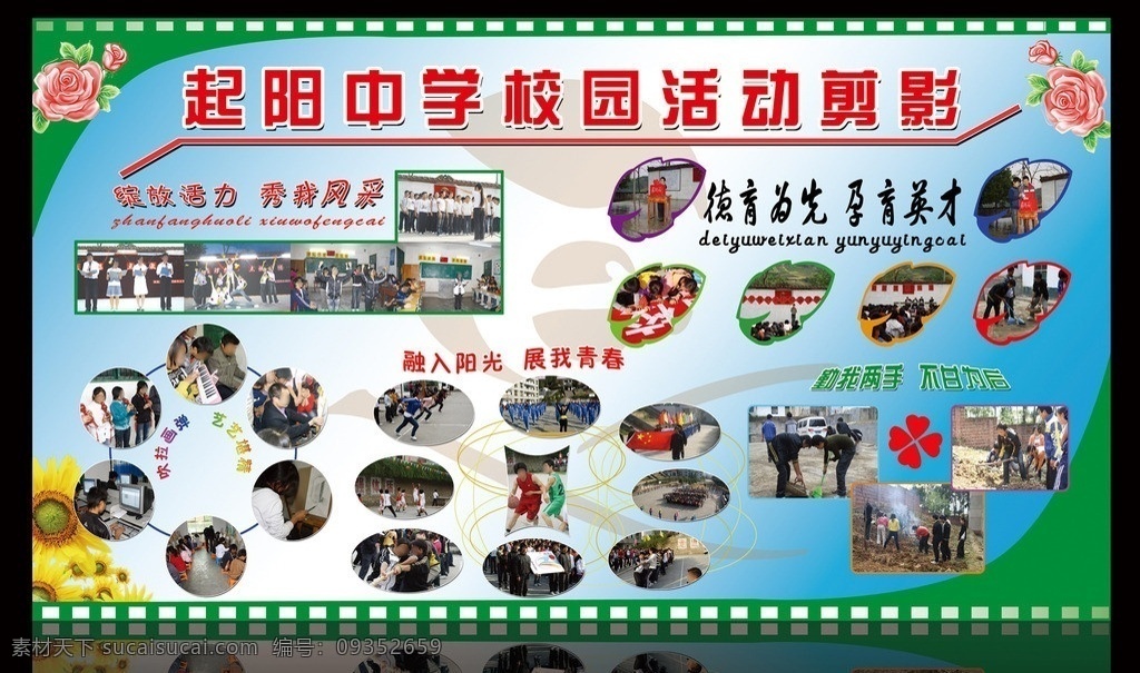 活动剪影 校园活动剪影 绽放活力 秀我风彩 德育 德育为先 孕育英才 展我青春 花朵 户外广告 分层 源文件