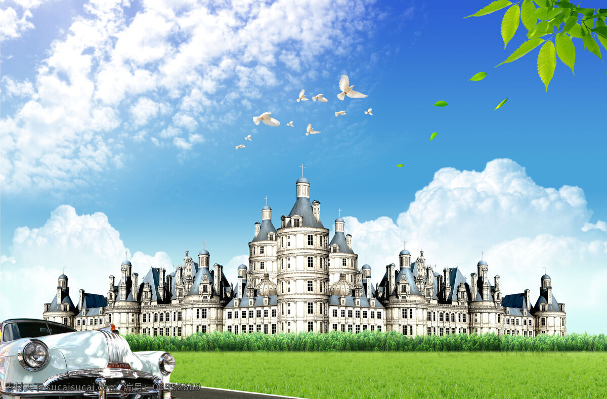 欧式 建筑 风光 高清 建筑风景 汽车 欧式城堡 古代建筑 蓝天白云 鸽子 草地 高清图片 风景图片 白色