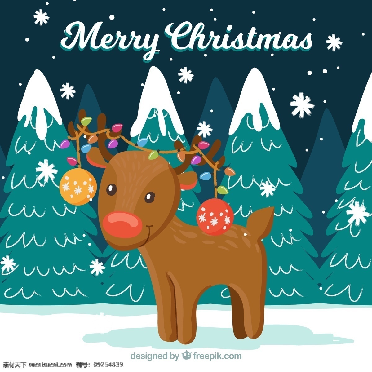 彩绘 雪地 圣诞 驯鹿 矢量 彩色 动物 节日 卡通 可爱 圣诞节 雪花 元素
