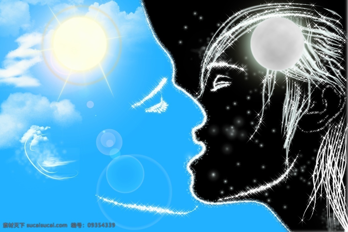 人物 剪影 昼夜 吻 分层 白云 蓝天 人物剪影 太阳 源文件 月亮 psd源文件