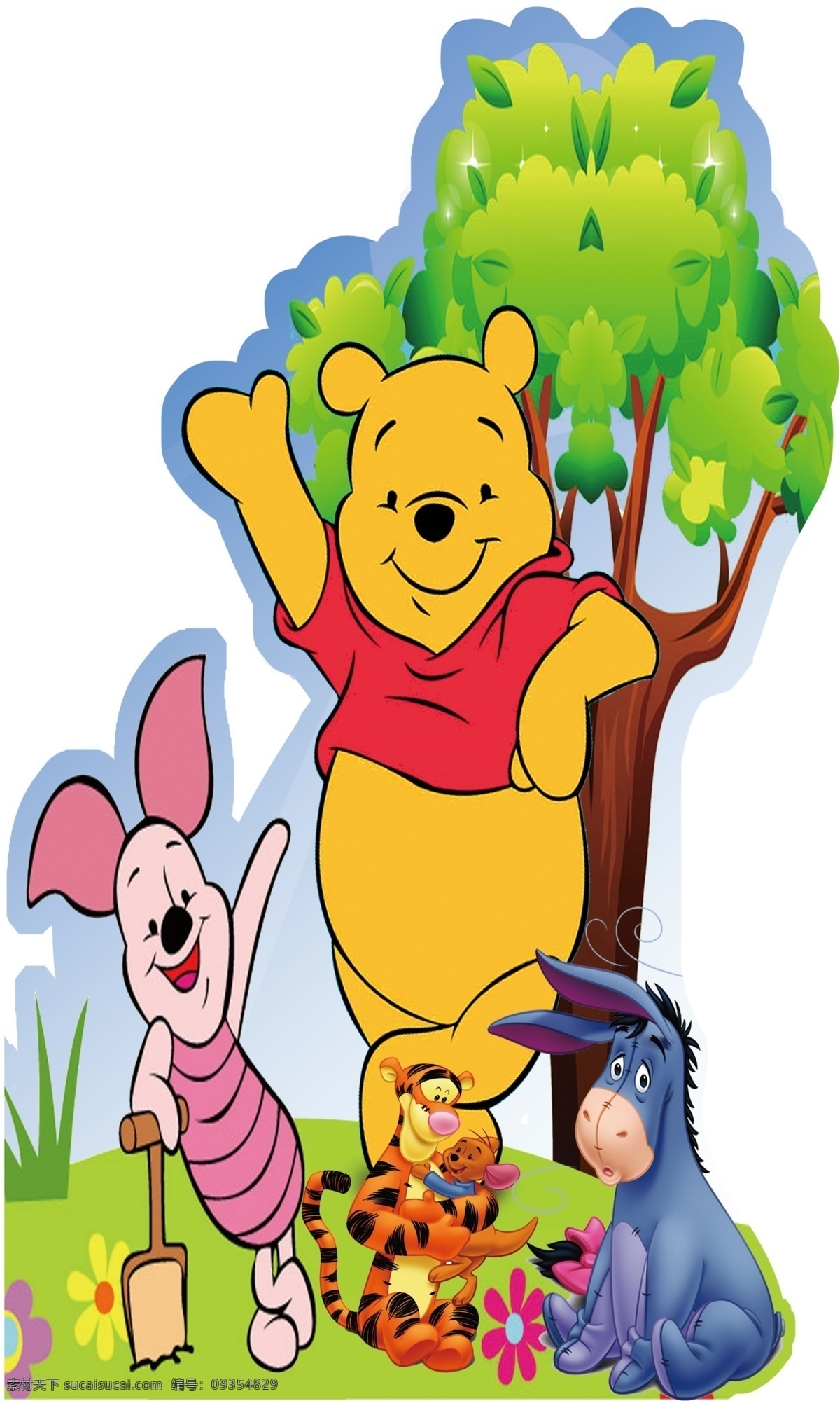 维尼小熊 学校海报 卡通动物 维尼熊 大树 动物造型 卡通造型板 动物城 蓝天 草地 分层 背景素材