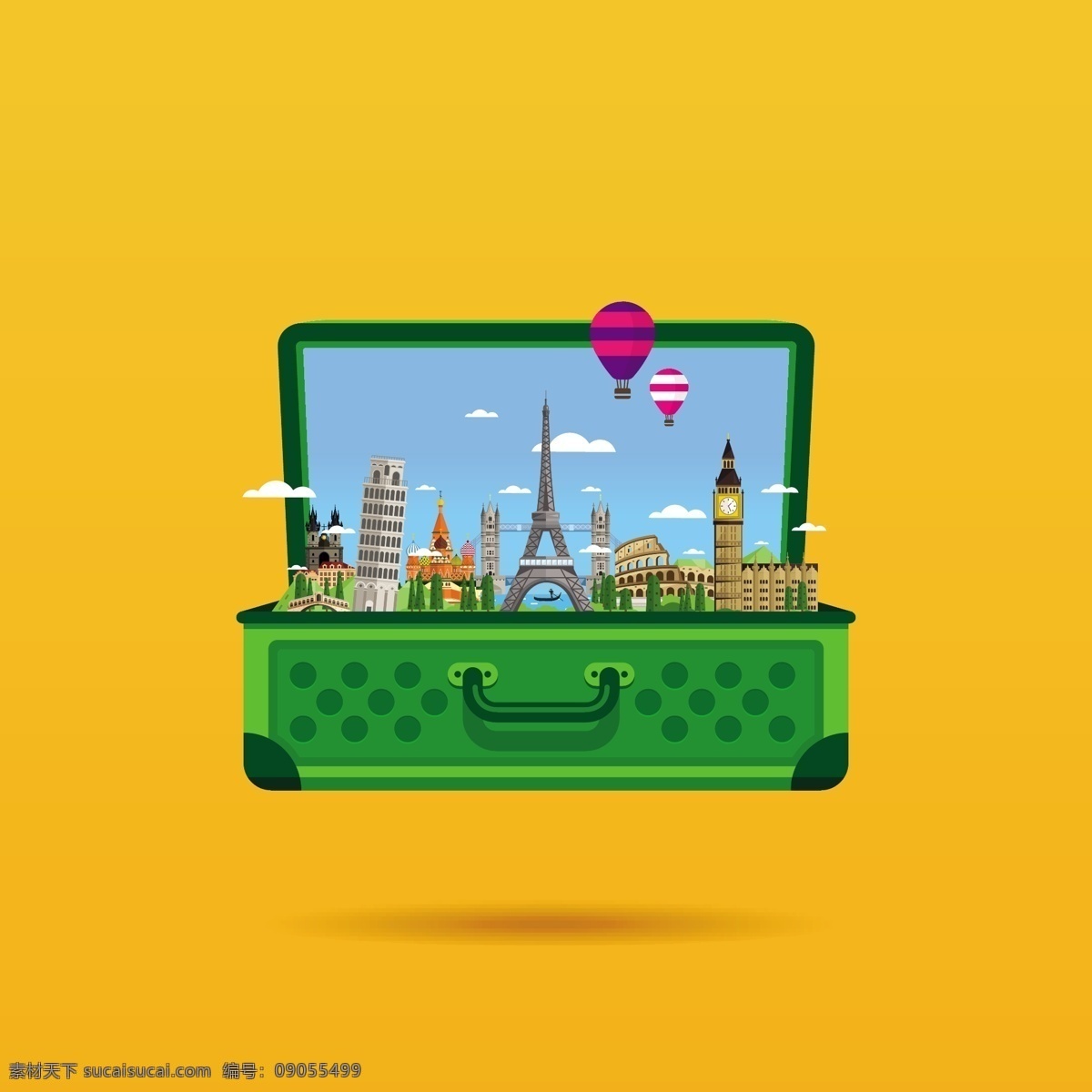 行李箱 旅游 观景 矢量 地标 风景 绿色 平面素材 设计素材 矢量素材 行李