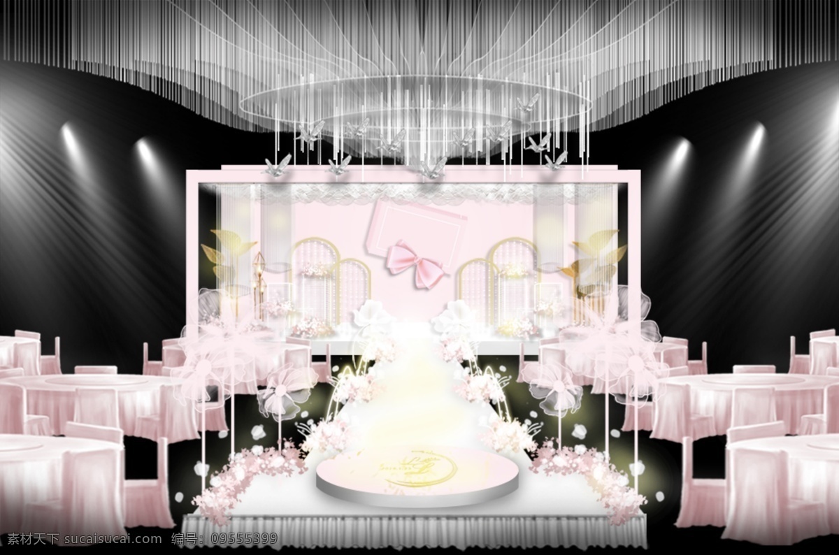 粉色 舞台 婚礼 效果图 礼盒 吊顶 花艺 铁艺 芭蕉叶