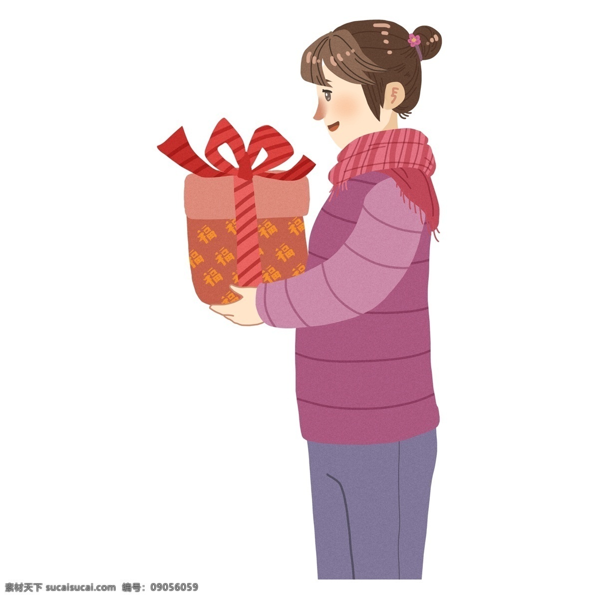 清新 送礼 少女 人物 元素 插画元素 png元素 免抠元素 透明元素 女孩设计元素