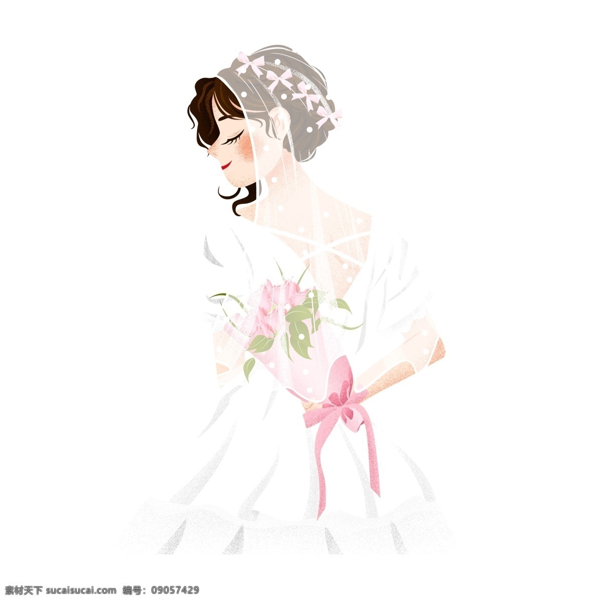 穿 白色 婚纱 手 玫瑰花 漂亮 女子 卡通 元素 玫瑰花束 新娘 白色婚纱 侧脸
