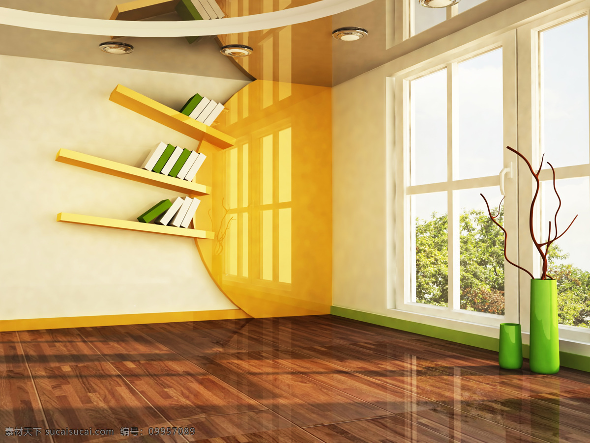 阳光 明媚 居室 阳光明媚 木地板 书架 窗子 室内设计 环境家居 白色