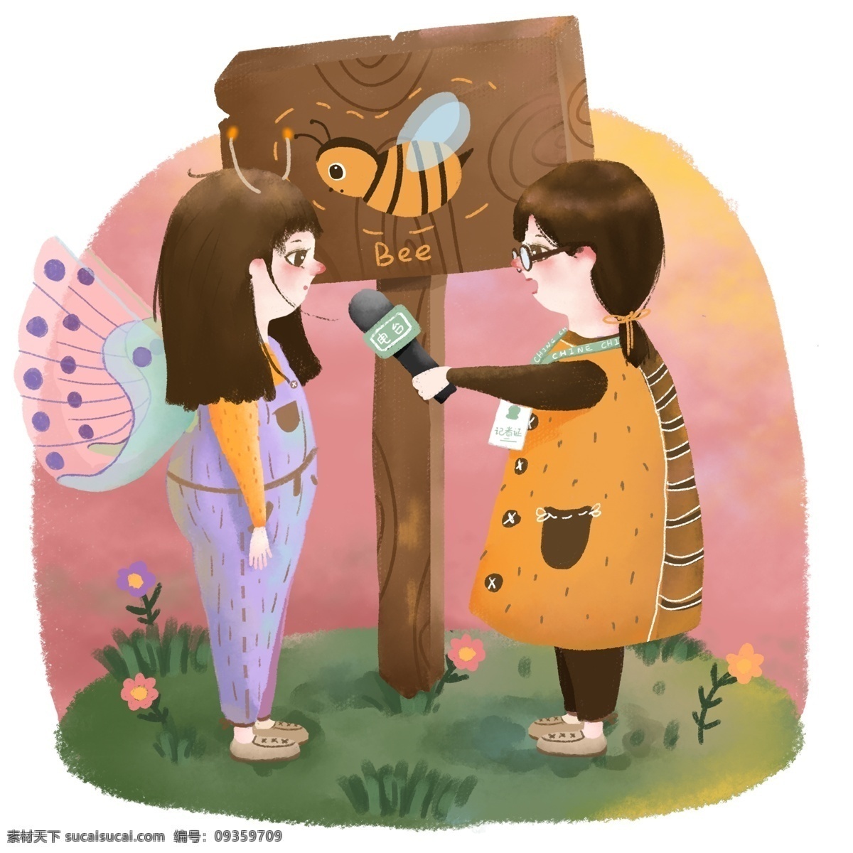卡通 可爱 手绘 儿童 插画 记者 采访 元素 卡通可爱 人物 女孩 蜜蜂