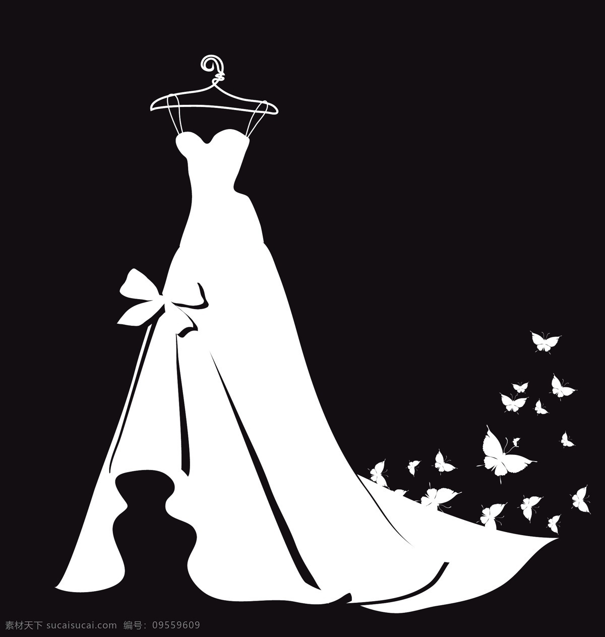 白色 婚纱 剪影 矢量 礼服 服装设计 服装 衣服 衣架 蝴蝶结 装饰 蝴蝶 插画 背景 海报 画册