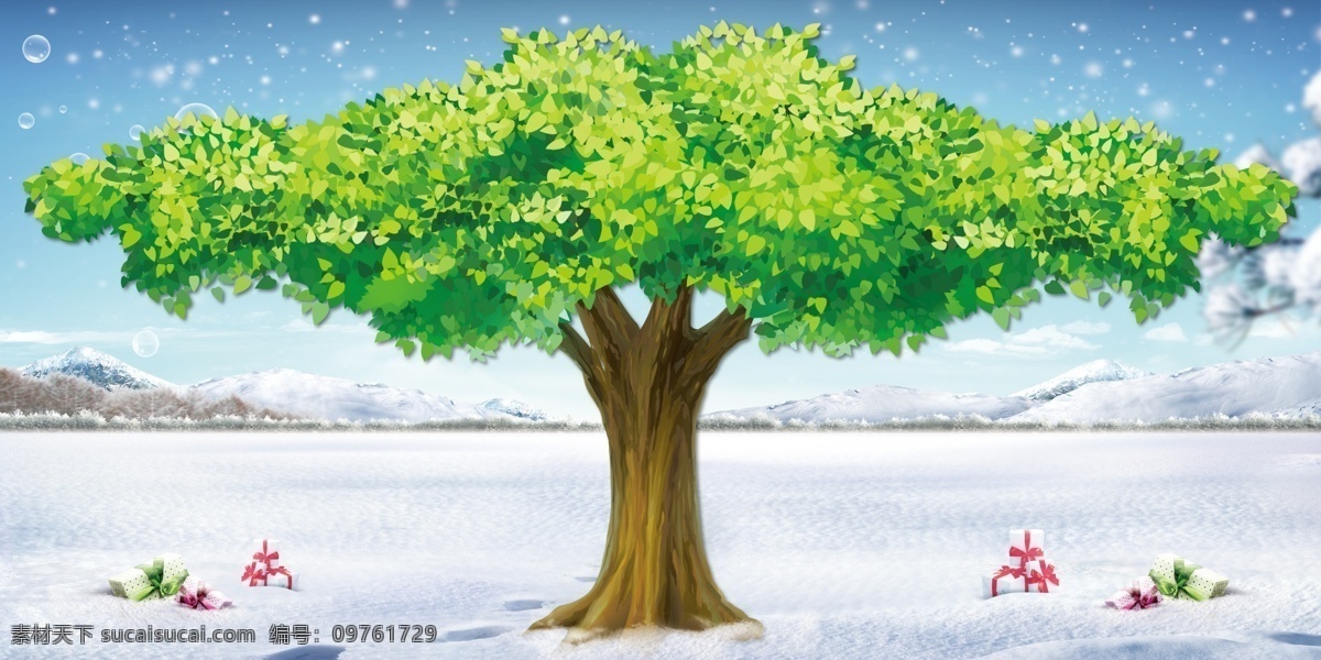 许愿树 雪地 礼物 蓝天 雪山 茂盛的树木 白色