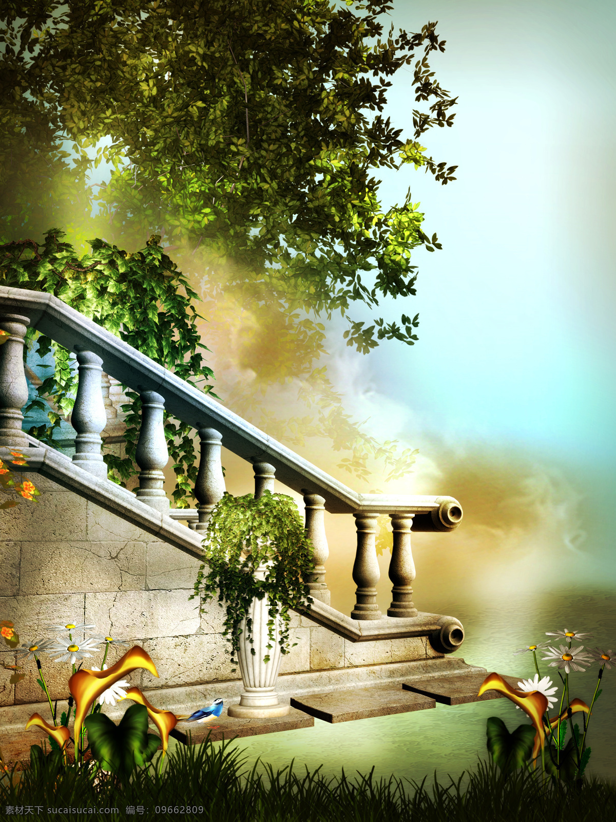 爱情花园 梦幻 唯美 鲜花 楼梯 扶梯 绿树 欧式建筑 自然风景 自然景观 黑色