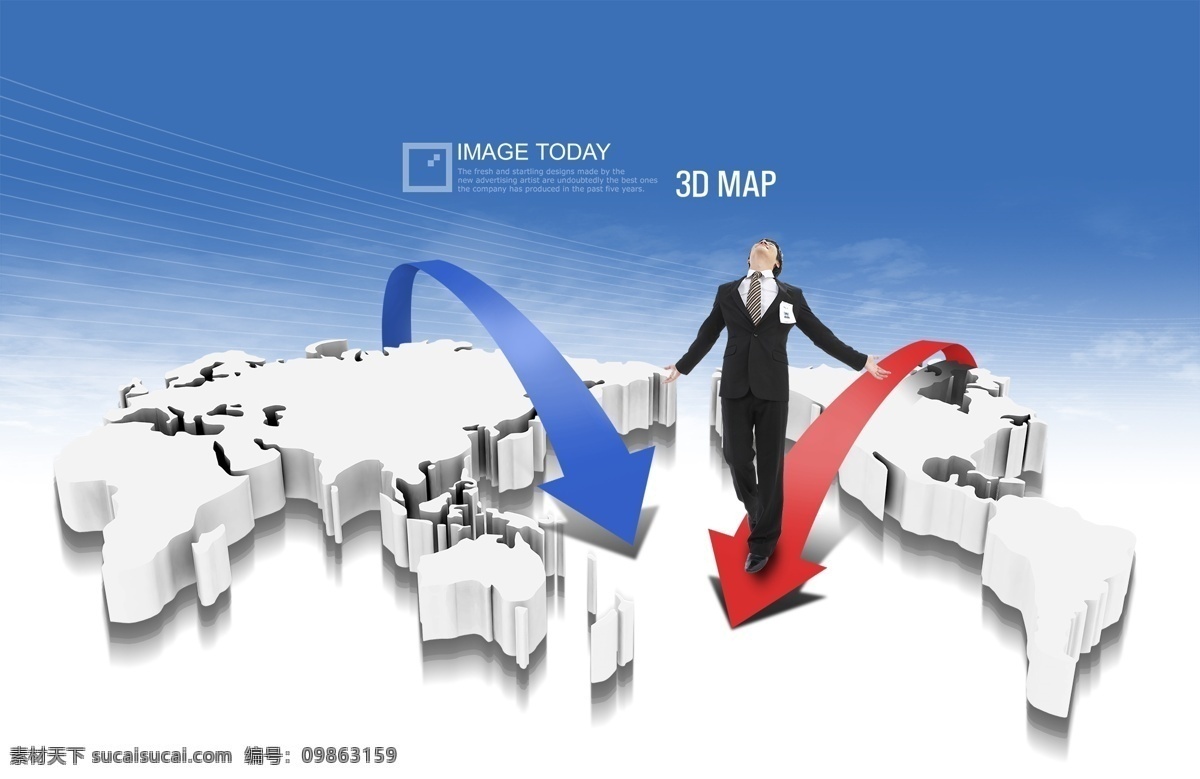 蓝天 立体 地图 箭头 人物 分层 3d 创意设计 韩国素材 立体地图 男人 曲线 国际贸易 职场 商务 线条 张开双臂 psd源文件