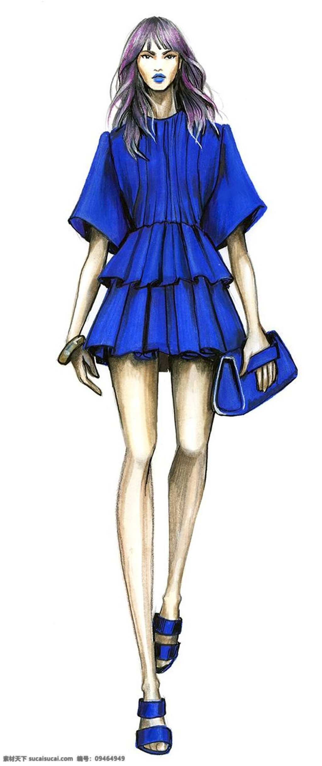 时尚潮流 宝蓝色 荷叶 裙 女装 效果图 服装设计 服装效果图 蓝色裙子 手拿包