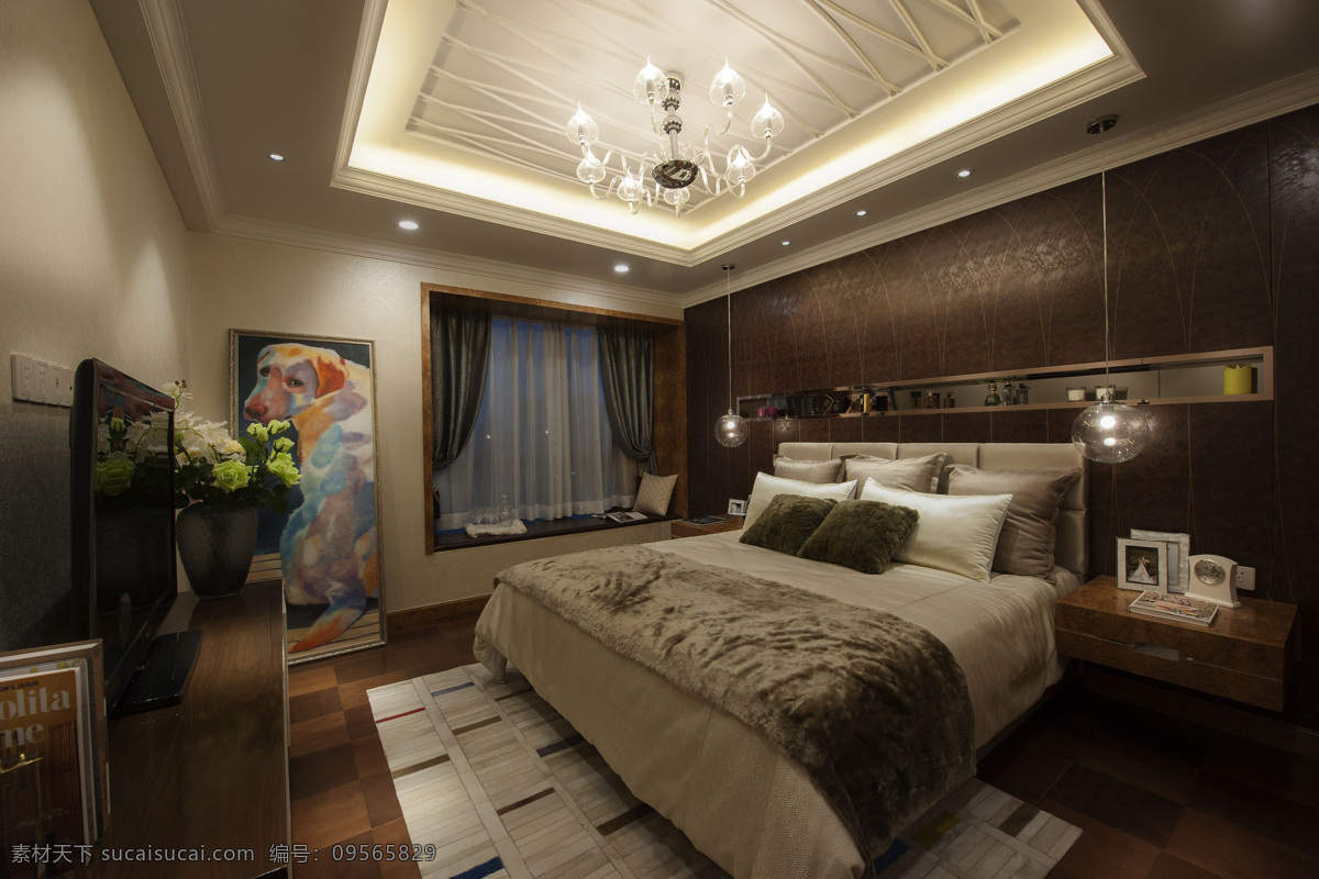 巴洛克 卧室 白色 吊灯 室内装修 效果图 木地板 卧室装修 浅色地毯 木制床头柜