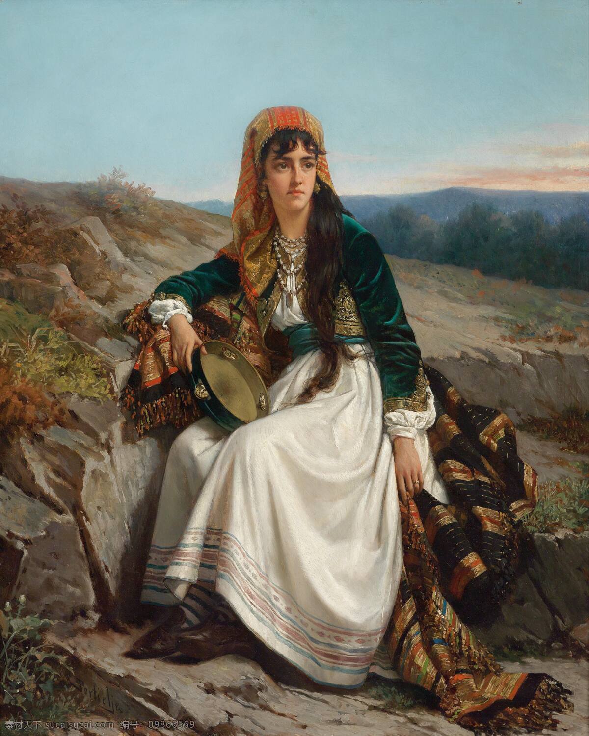吉普赛女人 让弗雷德瑞克 作品 法国画家 坐像 看光景 右手 持一手鼓 19世纪油画 油画 文化艺术 绘画书法