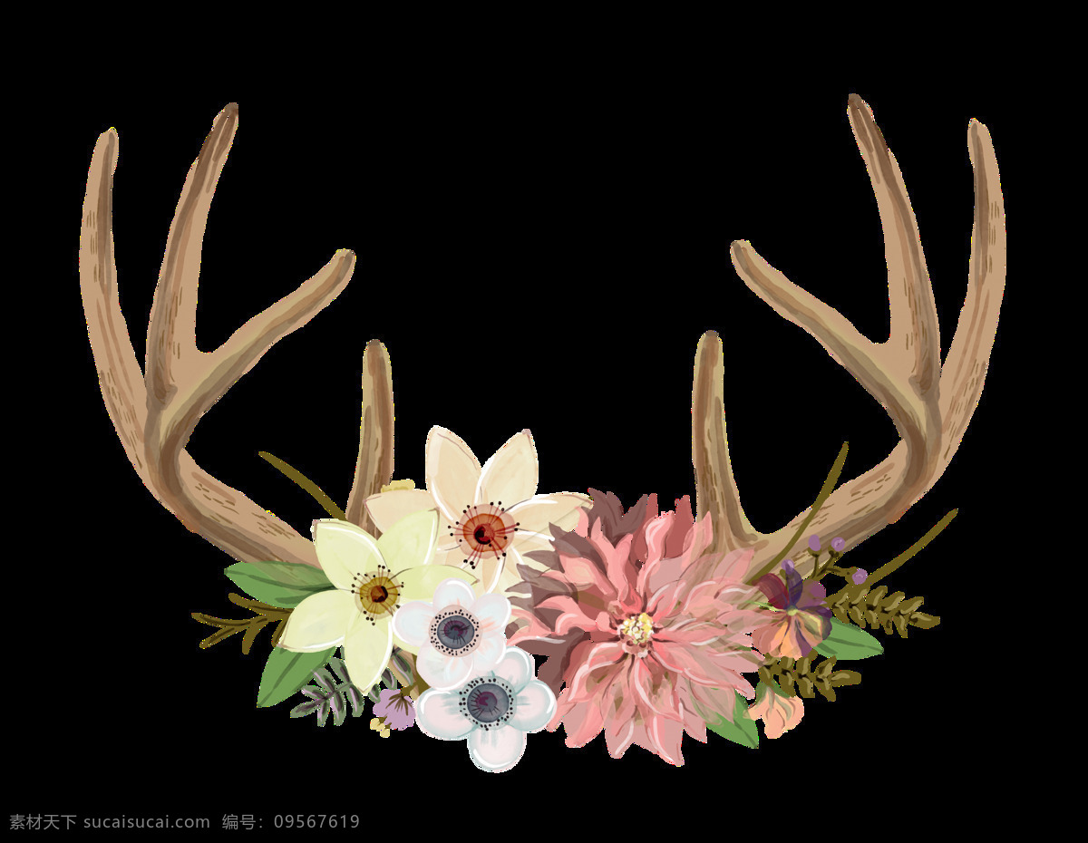 手绘 鹿角 花朵 透明 搭配 繁花似锦 另类 别致 品味 透明素材 免扣素材 装饰图片