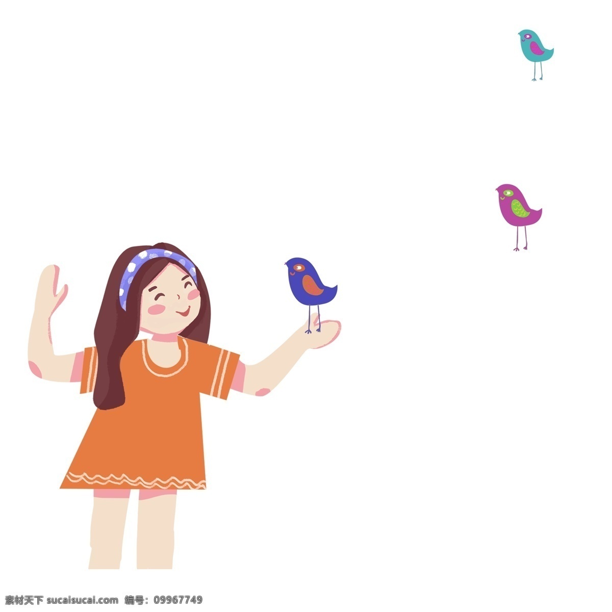 可爱 女孩 小鸟 商用 元素 卡通 人物 插画 彩色 儿童 小女孩 插画设计 童真