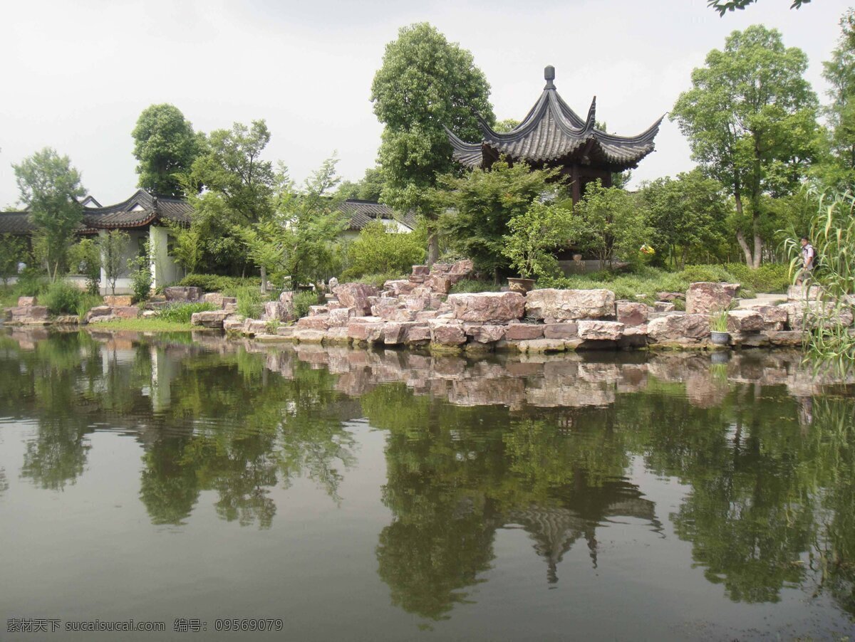 美丽 倒影 池塘 凉亭 远景 风景 生活 旅游餐饮