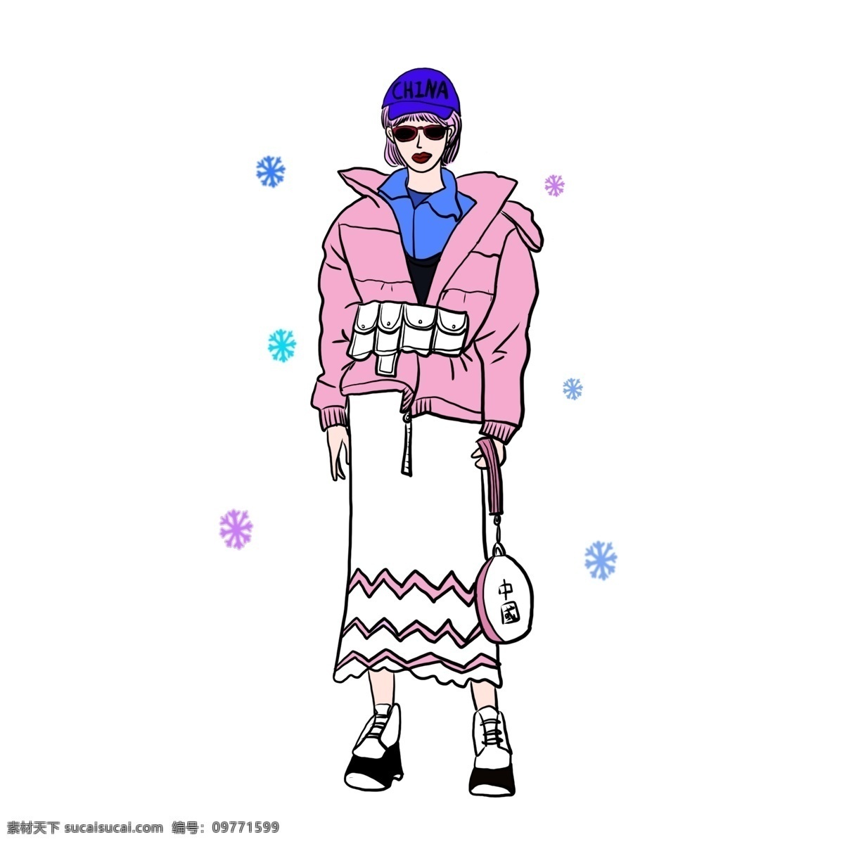 冬装 时尚 女孩 搭配 指南 羽绒服 帽子 蓝色 棉服 腰包 手提包 墨镜 毛衣 裙子 粉色