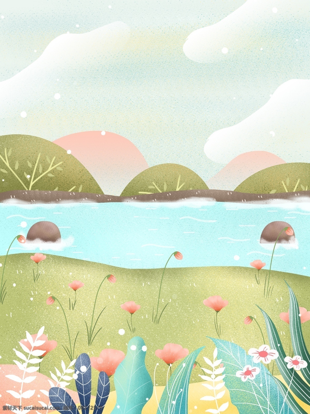 手绘 河边 春天 风景 背景 治愈系背景 插画背景 植物背景 唯美 草地背景 绿地背景 蓝天白云