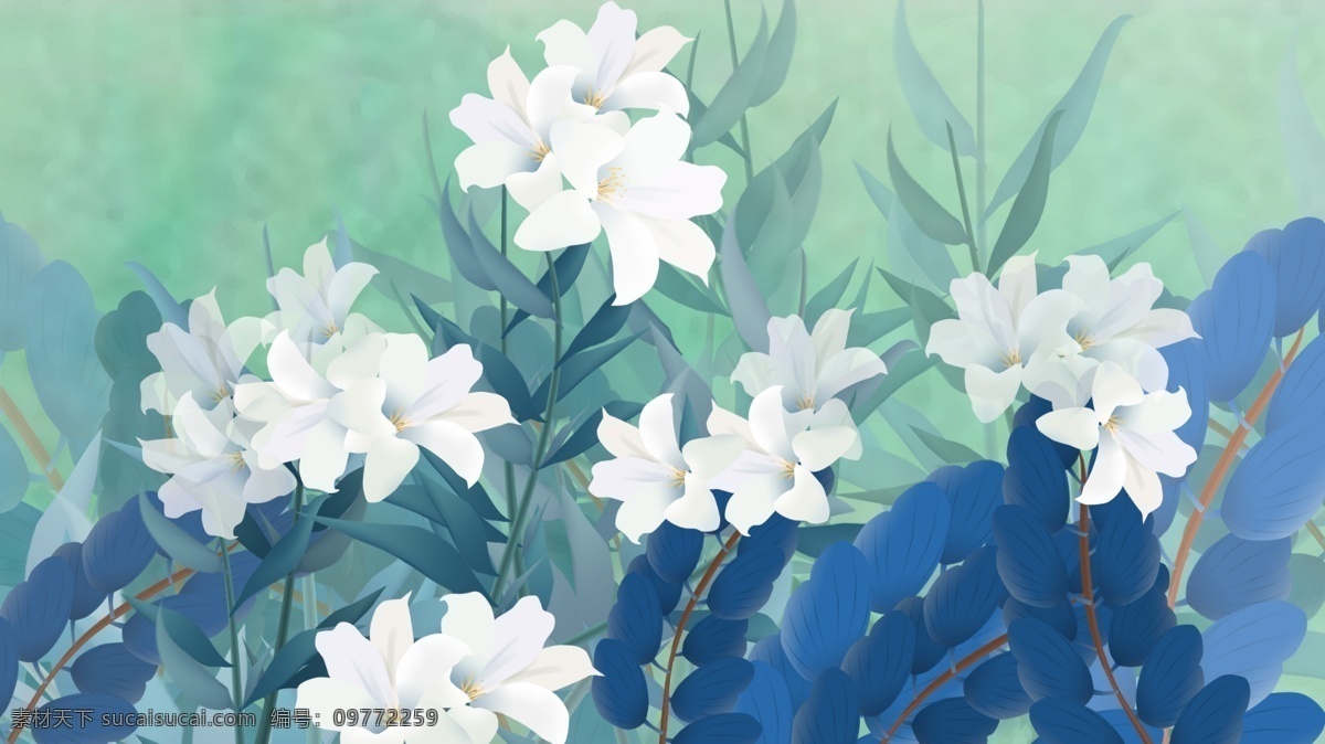 淡雅 水彩 白色 花朵 蓝色 叶子 卡通 背景