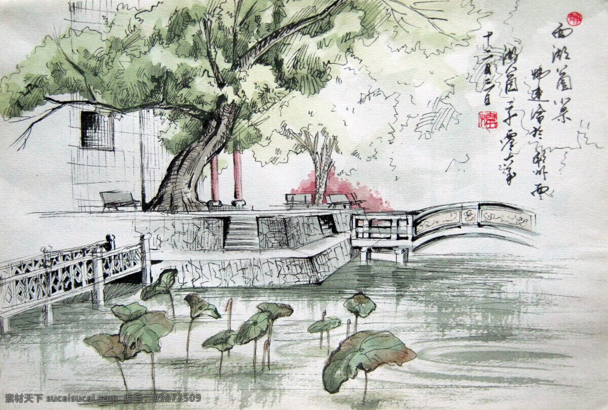潮州 西湖 公园 一景 速写 风景 钢笔水彩 绘画书法 文化艺术