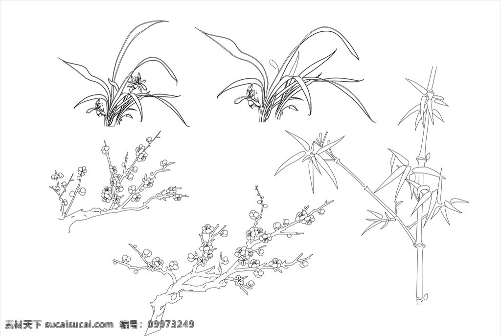 梅兰竹菊 梅花 兰花 竹子 菊花 线条 勾图 艺术 梅兰竹菊设计 无框画 移门 传统文化 底纹边框 花边花纹 花纹 图案