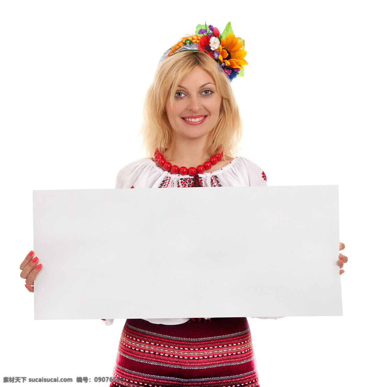 乌克兰 女人 女性 美女 名族服饰 乌克兰女人 金发美女 鲜花 向日葵 头套 空白纸张 美女图片 人物图片