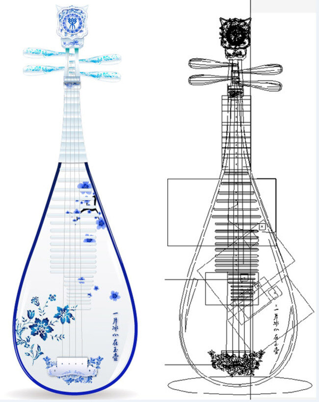 青花瓷 琵琶 矢量 中式 乐器 白色
