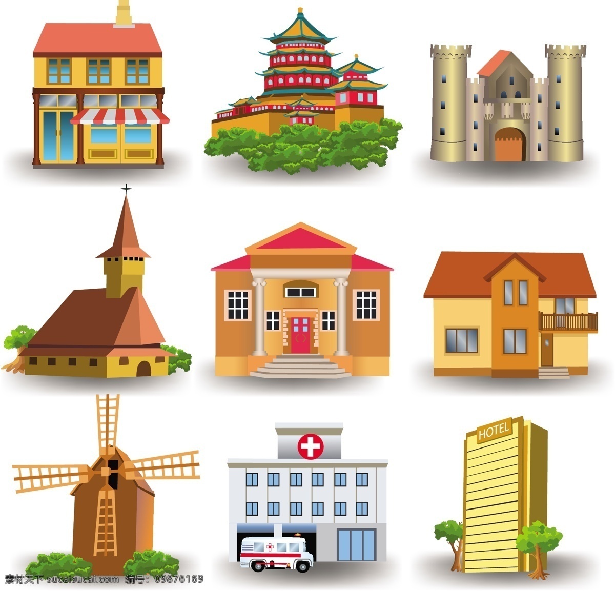 城堡 城市建筑 风车 建筑 建筑家居 卡通建筑 卡通世界 童话 童话世界 医院 中国建筑 可爱的小房子 小房子 矢量 家居装饰素材 建筑设计