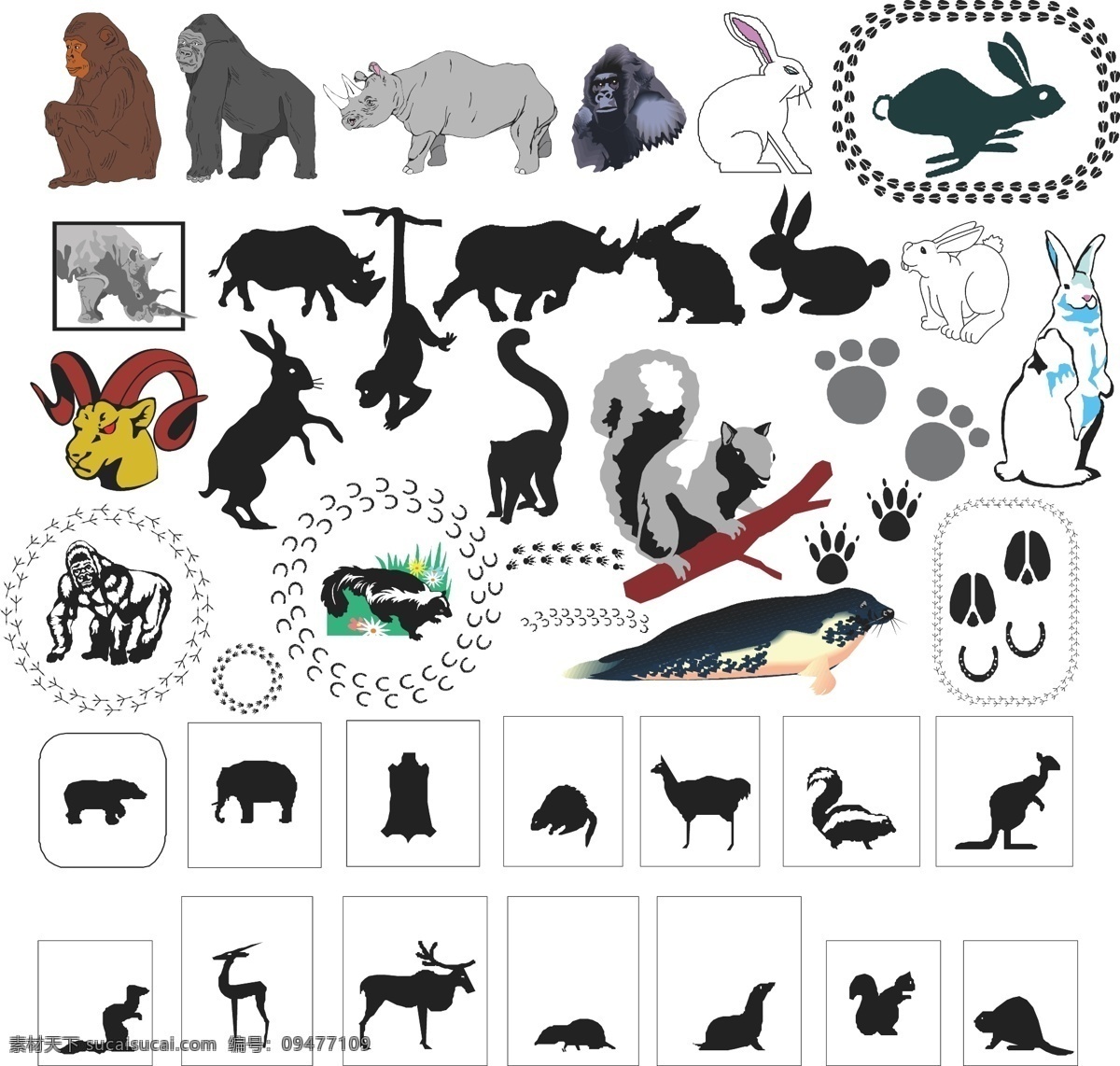兔子 猩猩 犀牛 图标 剪影 卡通 可爱生活 表情 动物图形元素 野生动物 生物世界 矢量