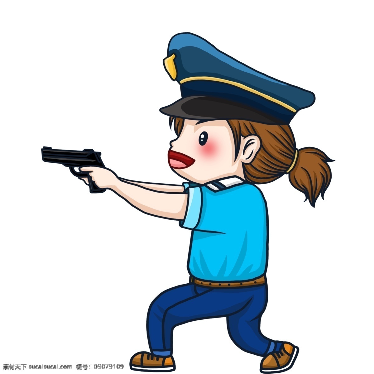 手绘 开枪 美丽 女警 人物 卡通 插画 美女 女生 警察 警花 枪支 配枪警察