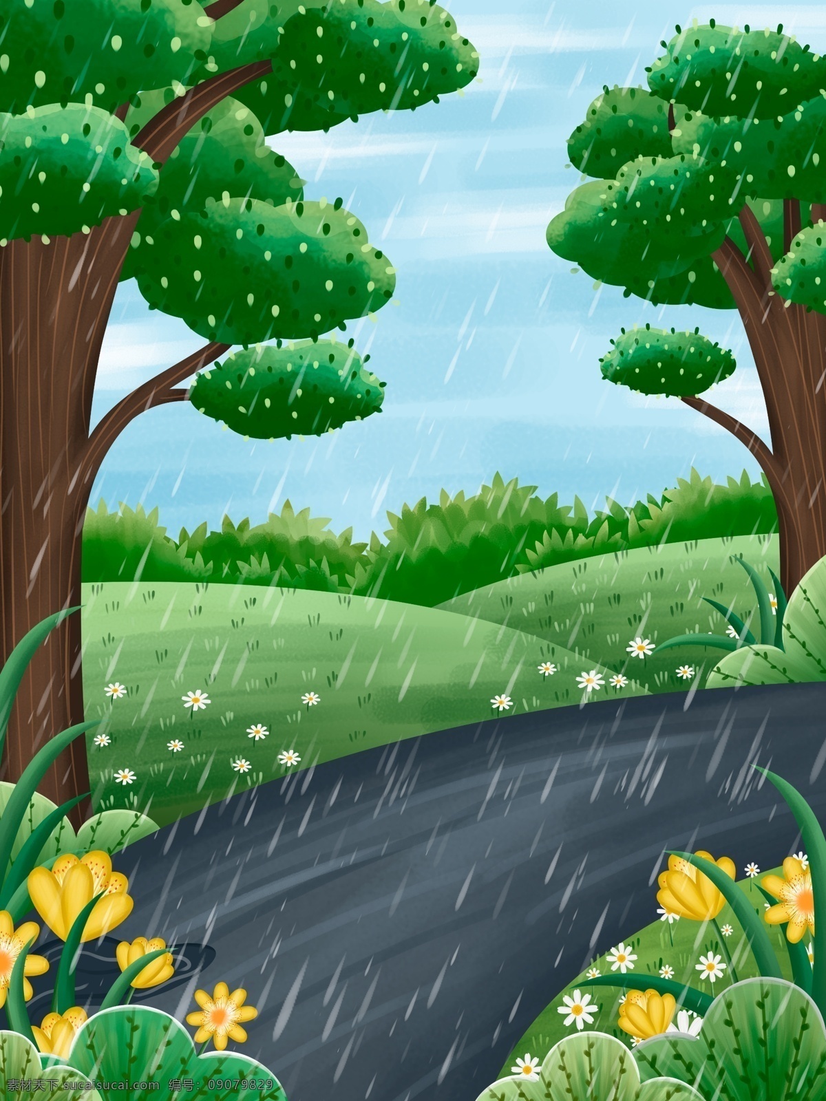 清新 春季 谷雨 节气 背景 传统节气 春季谷雨 树枝 林 花丛 下雨 二十四节气 彩绘背景 特邀背景 背景图 创意