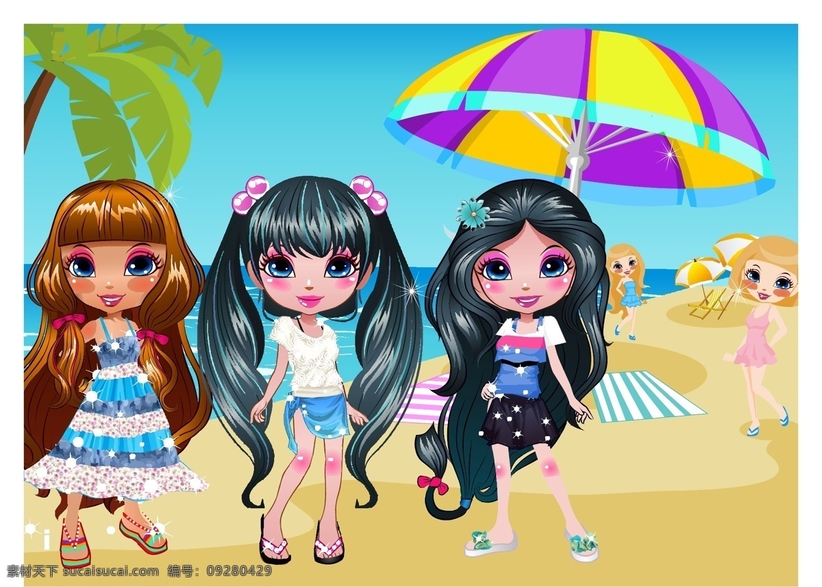 海滩美女 海滩 沙滩 椰树 遮阳伞 卡通美女 天空 海洋 韩国卡通 矢量卡通 卡通设计 矢量