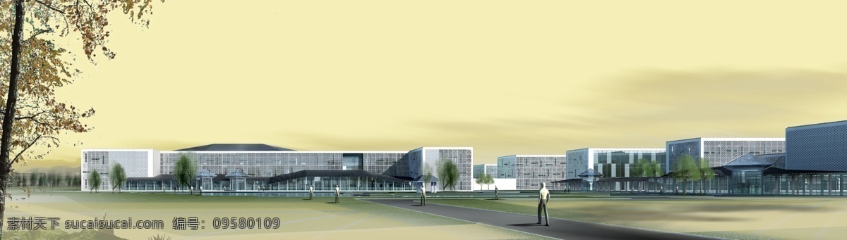 科技 学院 环境设计 人物 马路 草地 树木 房屋 建筑物 灰绿色天空 景观设计 黄色