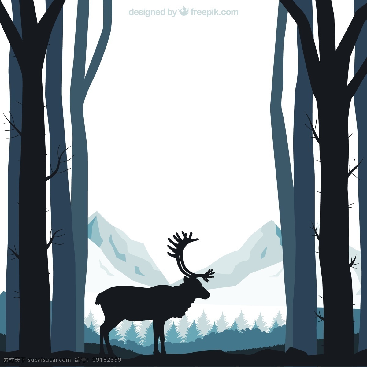 森林的轮廓 树 自然 动物 冬天 森林 树木 驯鹿 山 冷 树的剪影 剪影 白色