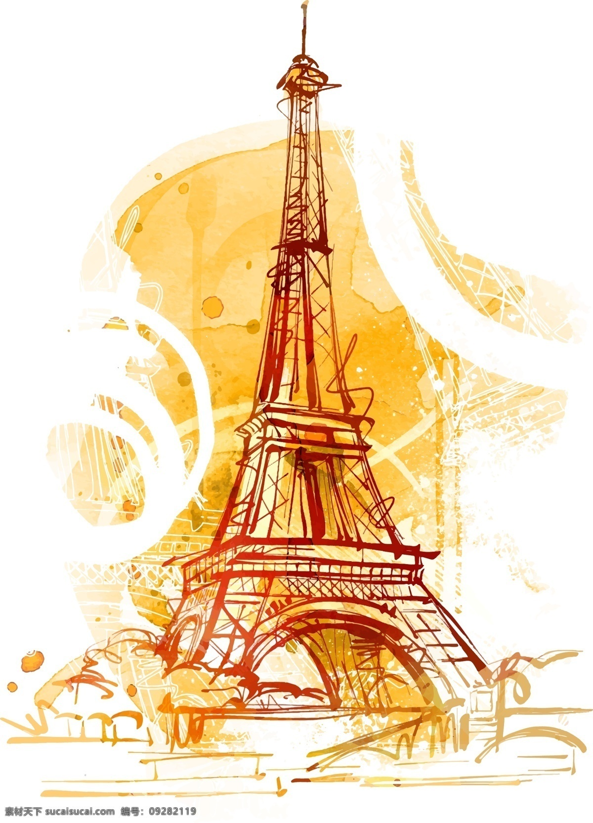 手绘 铁塔 创意 建筑 插画 水彩绘 法国 场景
