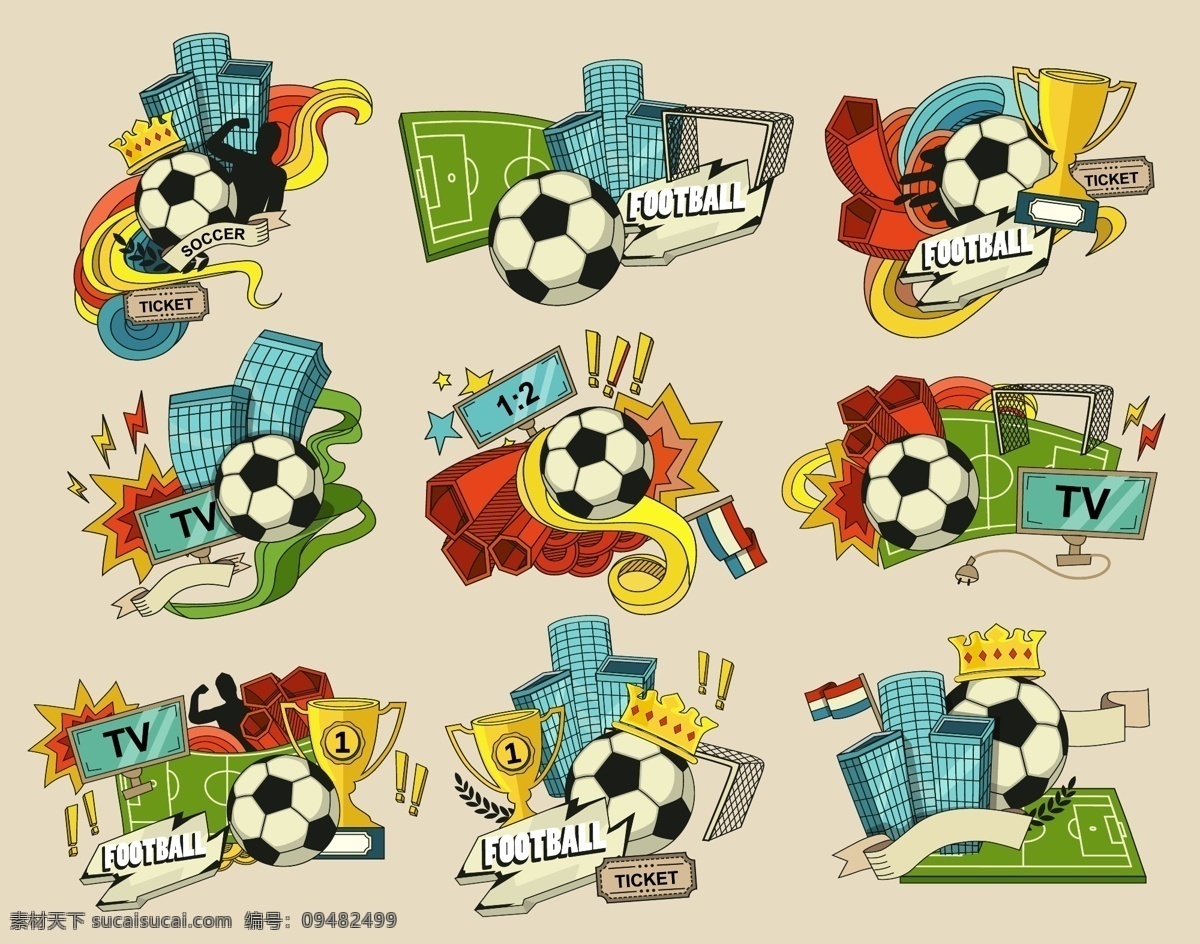 足球比赛转播 足球图标 奖杯 皇冠 城市插画 足球运动 体育运动 足球比赛 球赛 足球赛事 生活百科 矢量素材