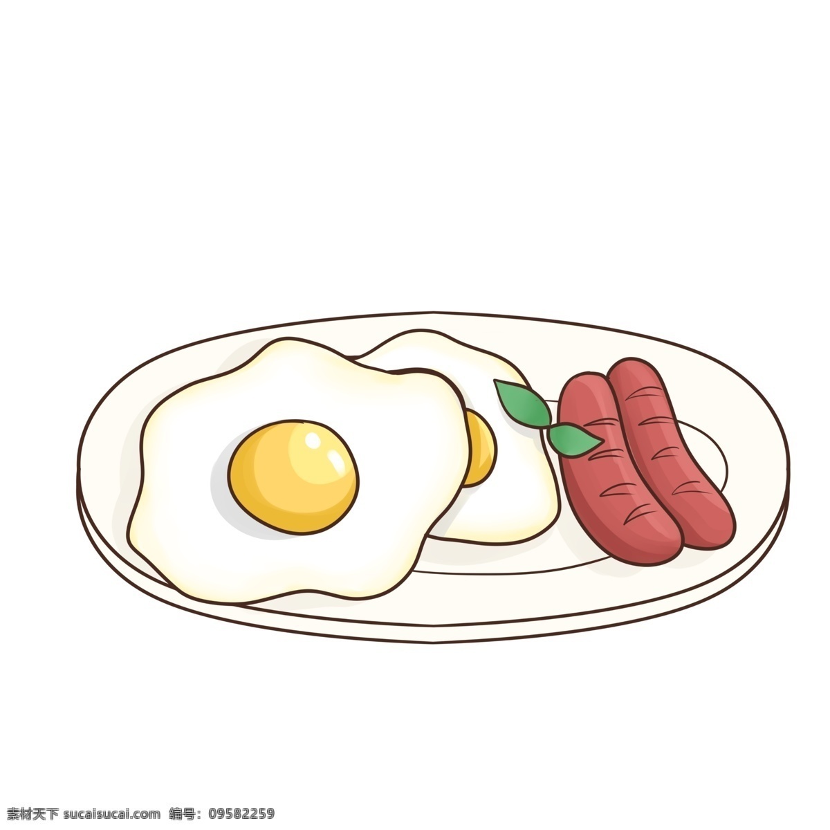 可爱 温馨 早餐 荷包蛋 热狗 插画 鸡蛋 烤肠 绿叶 美食 食物 吃货 薄荷叶 碗碟 西式美食