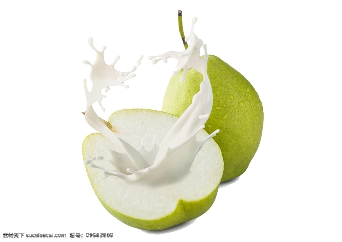 梨子 牛奶 喷溅 效果 牛奶飞溅 新鲜 绿色 梨子图片素材 梨子切面 效果元素